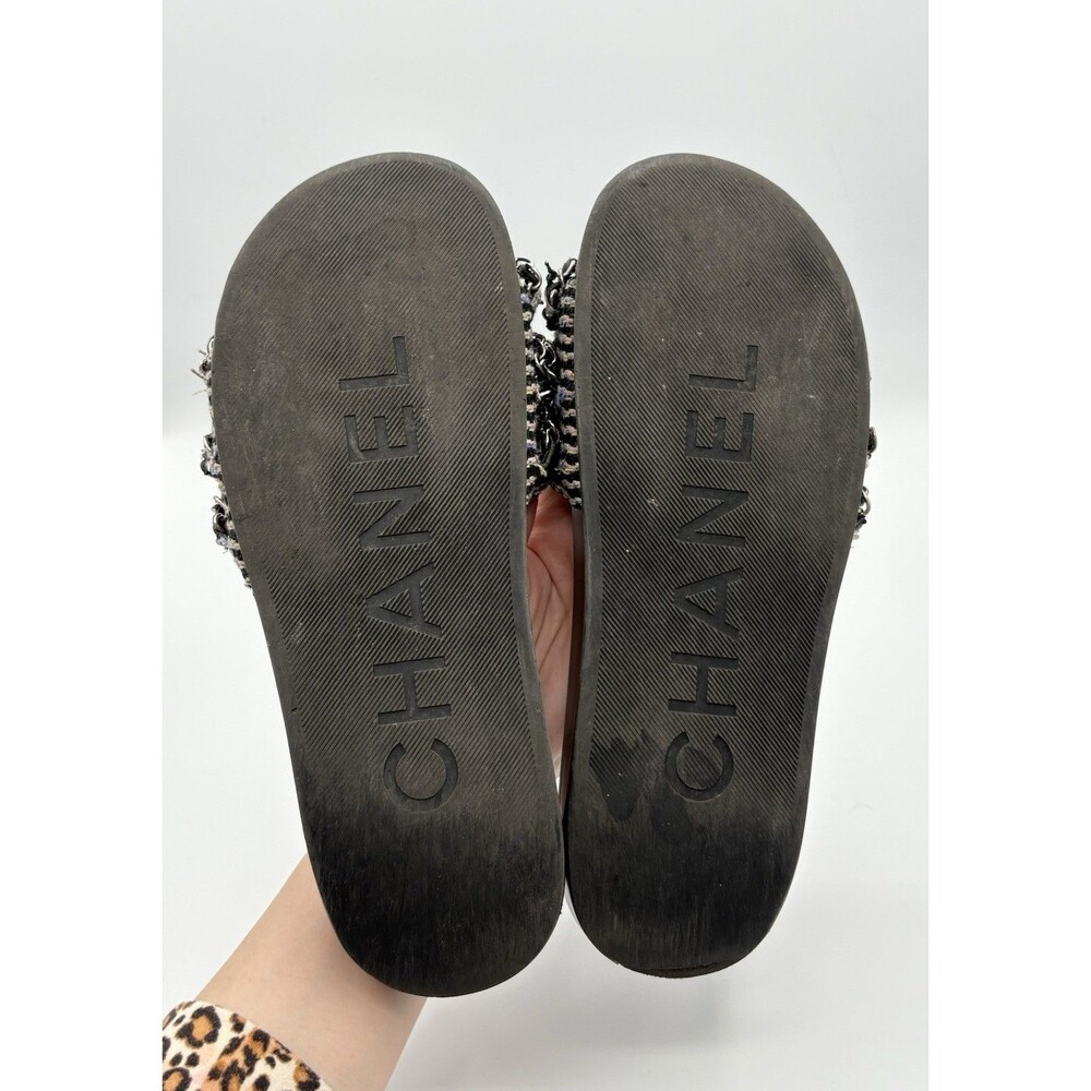 Chanel Black Tweed Tropiconic Chain Flat Slides Sandals Pink & Blue Accent EU 38 - Picture 11 of 11